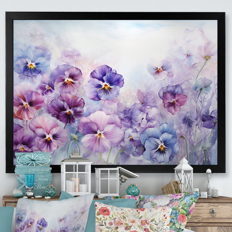 Pensées mauves en fleurs - impression, H 30 po x l 40 po x P 1,5 po, Cadre simple noir