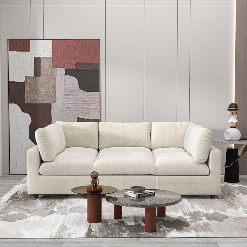 Kessi 6-Piece Upholstered Modern Chenille Fabric Modular Sectional Sofa With Ottoman, Beige Chenille