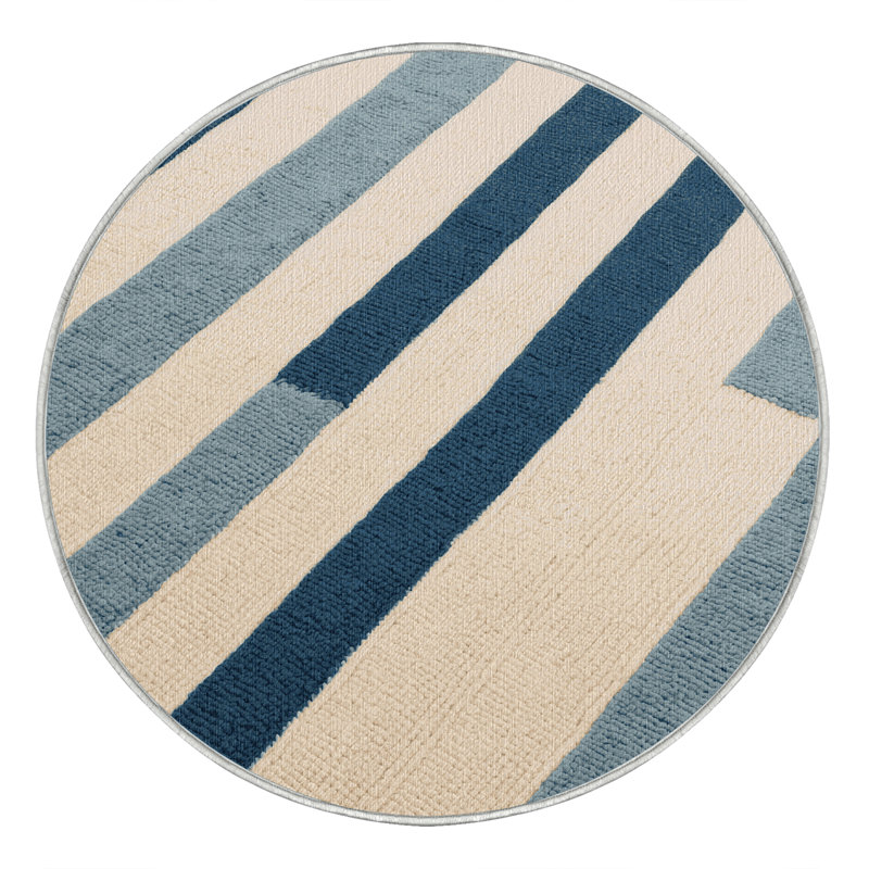  Tapis lavable rayé crème bleu mer, Rond 7 pi