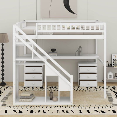 Full Size Loft Bed With Drawers, Desk And Light Strip