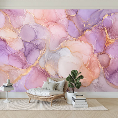 Wall Mural Peel and Stick Wallpaper Abstract Marble Ink Flow Lavender Blush Pink Gold Veins Self-Adhesive Removable Contact Paper Wall Decor for Living Room Bedroom 100"H x 144"W