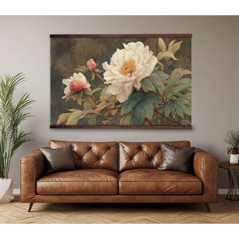 Tapisserie murale rétro avec pivoines, 32''Hx48''W