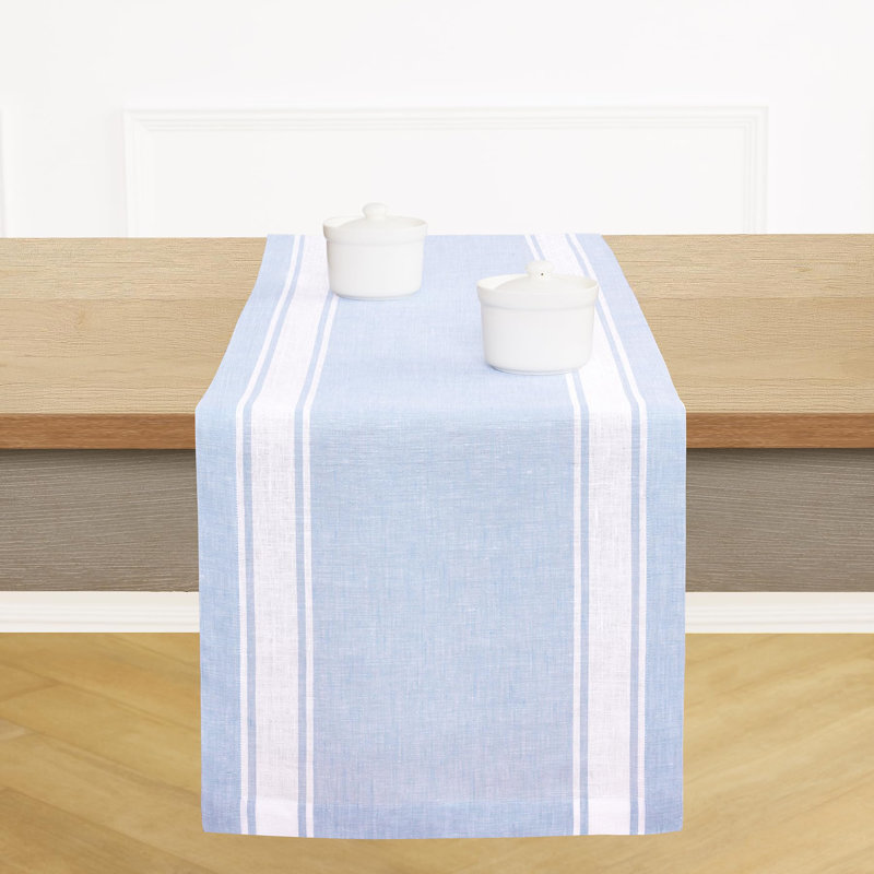 Country Stripe - 100% Pure Linen Table Runner, Cashmere Blue/White, 144" x 14"