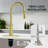 Brushed gold single-handle high-arc kitchen sink faucet with a retractable pull-down spray head; dual-function kitchen sink faucet.-118661921