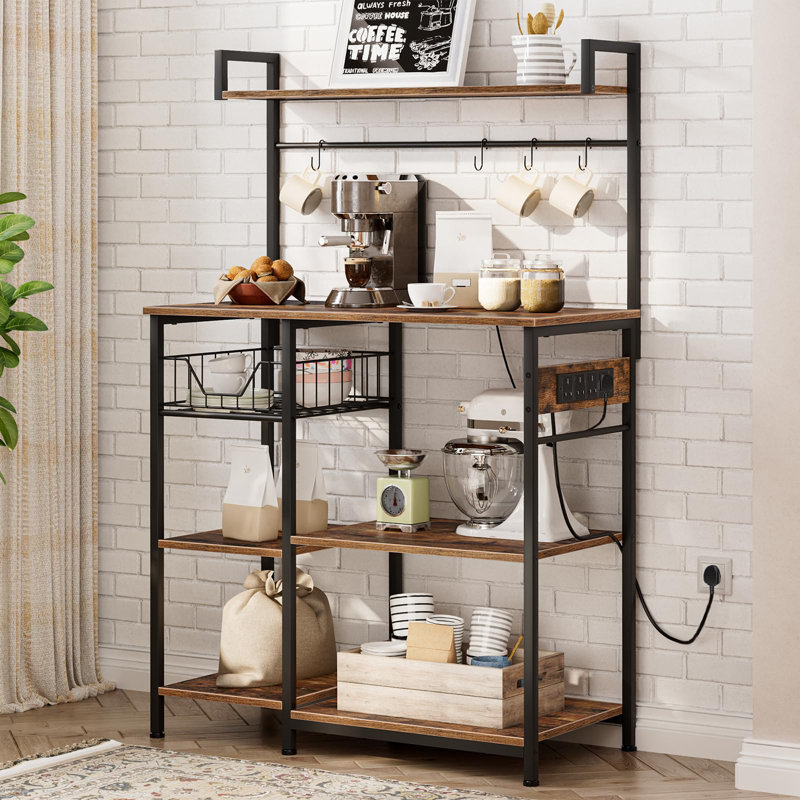 Kitchen Storage Rack With Power Outlet, Bakers Rack, Coffee Station  Microwave Stand With Storage Shelves, Easy To Assemble, Rustic Brown And Black