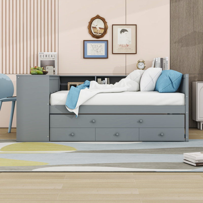 Lit de jour en bois avec lit gigogne simple, 3 tiroirs et tablettes, Gris, Lit double
