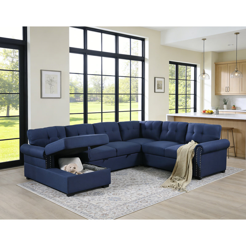 U Shaped Oversized Sleeper Sectional Sofa Pull Out Bed With Storage Chaise, Light Gray Polyester Blend