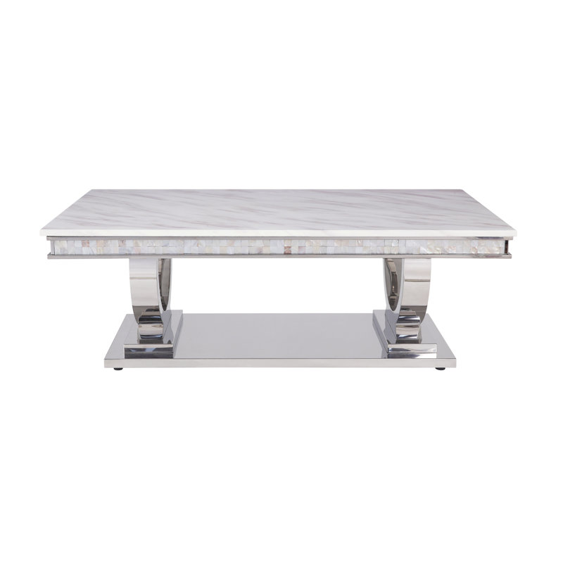 Table basse blanche en simili marbre et miroir