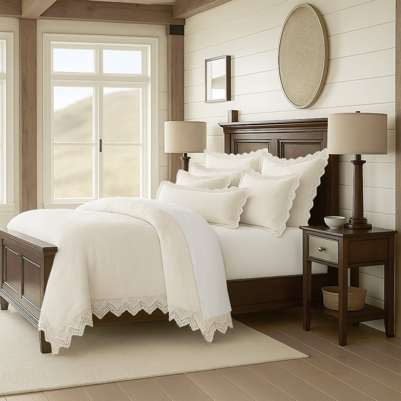 Ensemble de housse de couette en coton ivoire Elsie Lace 6 pièces, Housse de couette double + 5 pièces supplémentai