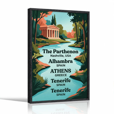 Retro Style Greek Temple by River Canvas Wall Art