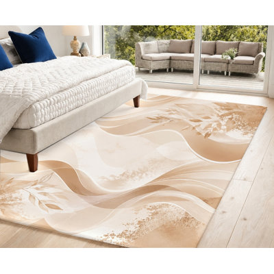 Tapis à motifs abstraits de vagues tourbillonnantes, imprimé botanique beige et brun, tapis de sol moelleux et antidérapant, décoration intérieure artistique pour salon, chambre, entrée, cuisine, bureau, appartement