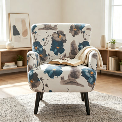 Fauteuil moderne, fauteuil club rembourré avec accoudoirs ronds et dossier serré, pieds en bois d'hévéa pour le salon et la chambre à coucher, blanc et bleu