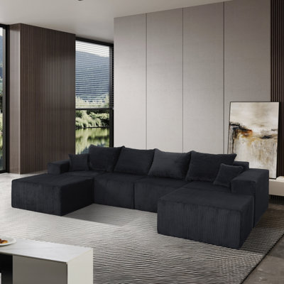 (Old SKU:W3163S00040)6-Piece Modular U-Shaped Sectional Sofa In Black, Convertible Oversized Couch With Chaise Lounge, No Assembly Needed, Soft Corduroy Upholstery, Modern Family Living Room Furniture