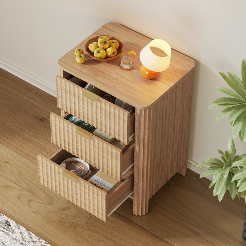 Table de chevet cannelée à 2 tiroirs l 19,6 po avec station de charge, table de chevet avec façade incurvée et poignée (1 pièce)
