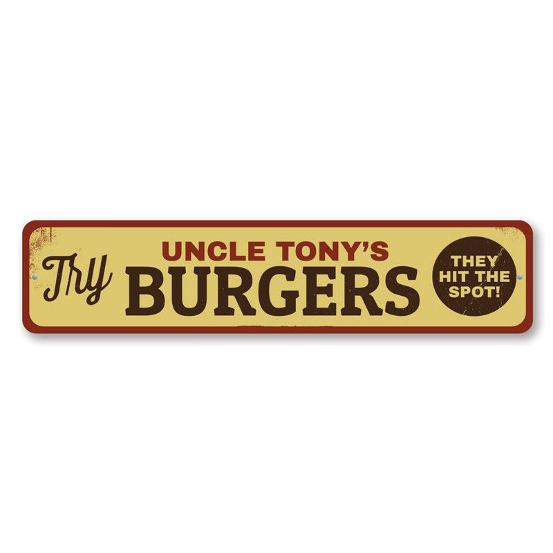 Panneau «Try Burgers» en aluminium, H 4 po x l 18 po x P 0,04 po