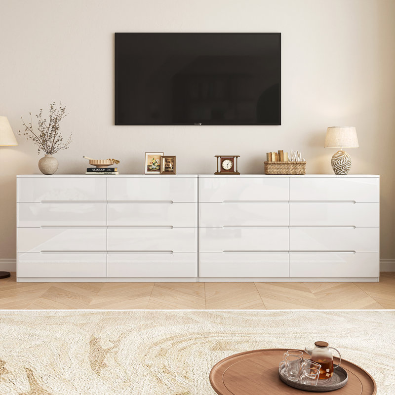 Lau Modern 8 Drawer Dresser For Bedroom, 47’’ White Chest of Drawers, High Gloss Storage Dresser For Living Room, Hallway, Entryway