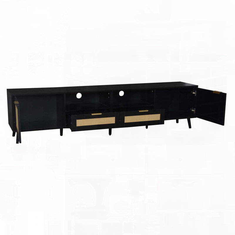 Modern Farmhouse Rattan TV Stand for TVs up to 85", Solid Wood Legs, Media Console with Ample Storage for Living Room（Black）