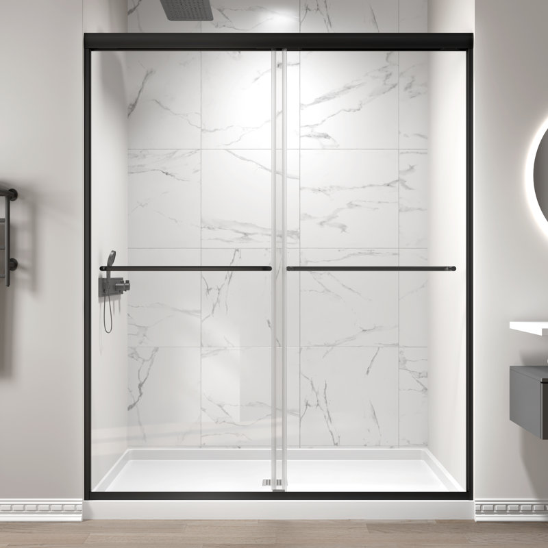 44" - 48" W x 70" H Double Sliding Semi-Frameless Shower Door with 1/4" (6mm) Crystal Clear Tempered Glass, Matte Black