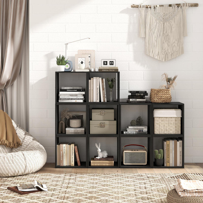 Ensemble de 4 cubes de rangement empilables, organisateur de rangement pour la maison avec dispositif anti-basculement, noir