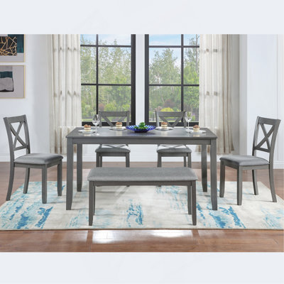 6 Piece Kitchen Dining Set, Rectangular Wooden Dining Table With 4 Upholstered Chairs And A Bench, Dining Table Set For 6 People, Living Room, Home Bar And Kitchen