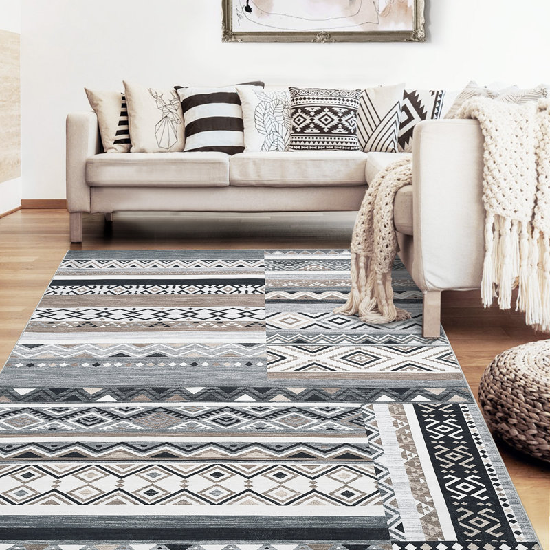 6 x 9 tapis pour le salon lavable patiné rétro tapis tribal géométrique mince pour le salon chambre à coucher salle à manger tapis antidérapant à poils courts neutre, gris