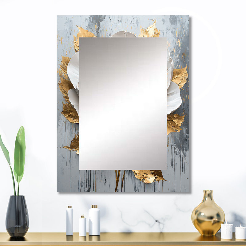 Blanc et or pivoine Bloom I - miroir mural pivoine, miroir décoratif moderne, impression d'art en métal, 32 po x 24 po