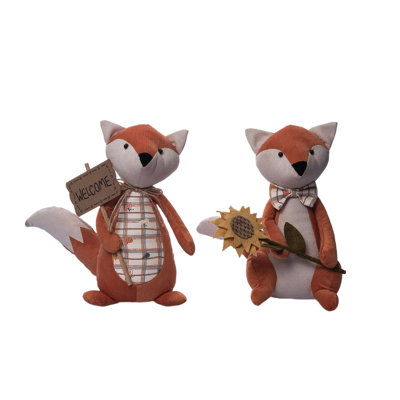 Plush Harvest Fall Fox Sitter Set of 2 - Adorable Decorative Animal Figurines for Tabletop and Mantel, Perfect for Indoor Fall Decor, Gift Giving, and Hostess Gifts - Multicolor Polyester Design