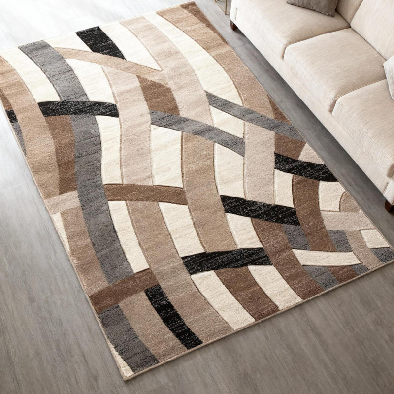 Tapis abstrait brun / blanc Meisner, Rectangle 6 pi 6 po x 9 pi 6 po