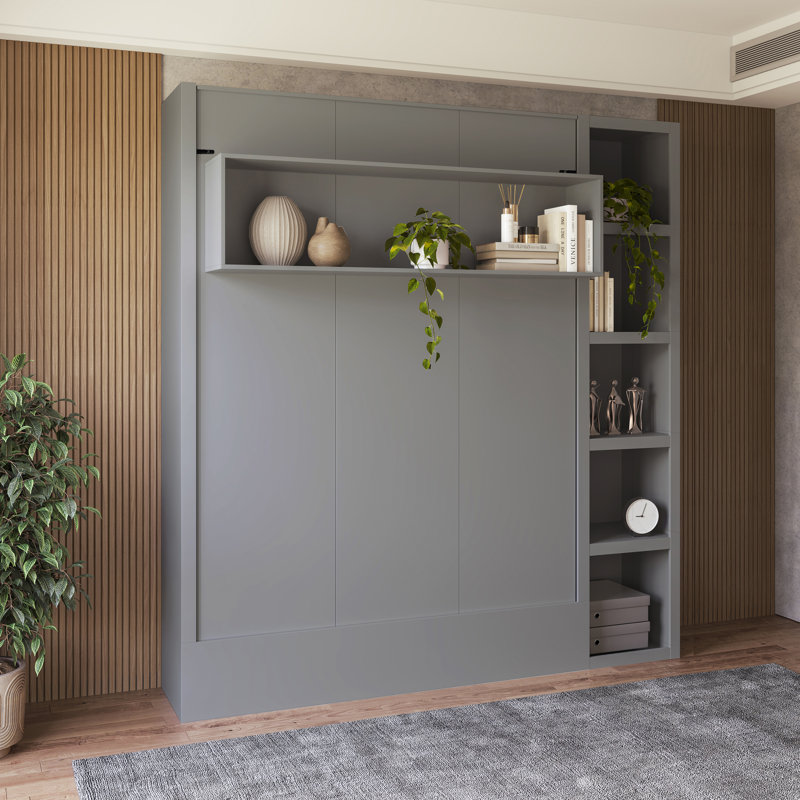 Lit escamotable avec bibliothèque Easy-Lift, gris, Grand lit
