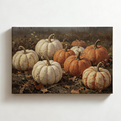 Citrouilles blanches et oranges dans un champ, peinture à l'huile réaliste sur toile, décoration murale d'automne vintage pour salon ou chambre, 50 x 75 cm