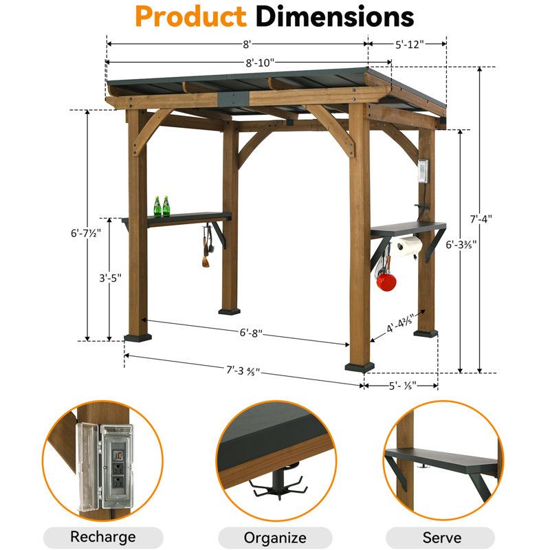 Fusion 6' x 8' Cedar Wood Hardtop Grill Gazebo With Charging Socket, Rotatable Hooks and Paper Towel Holder