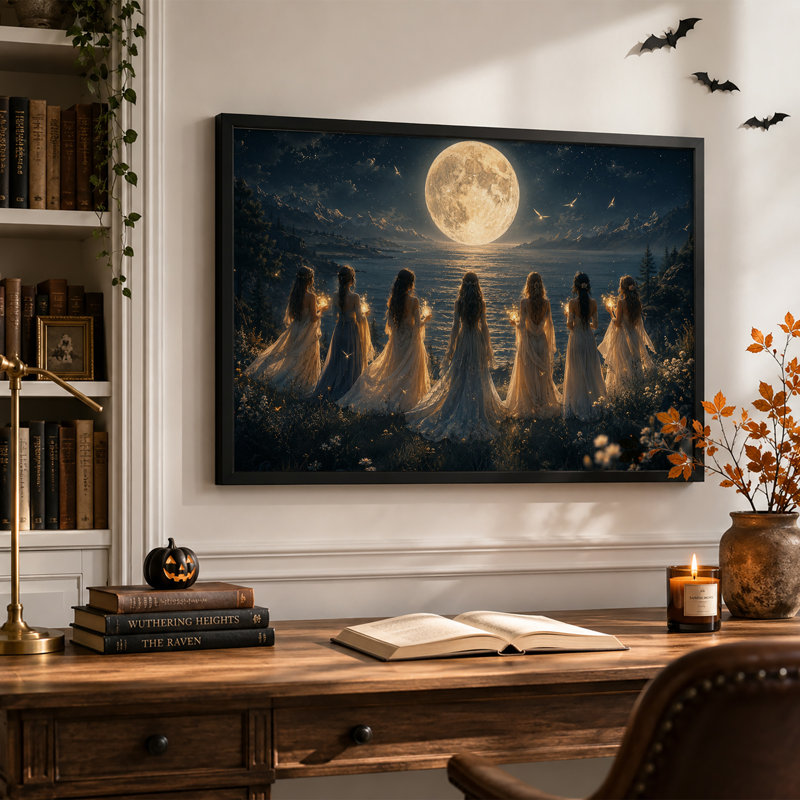 Sept femmes aux lumières scintillantes face à une lune géante - Toile murale d'Halloween, H 20 po x l 30 po