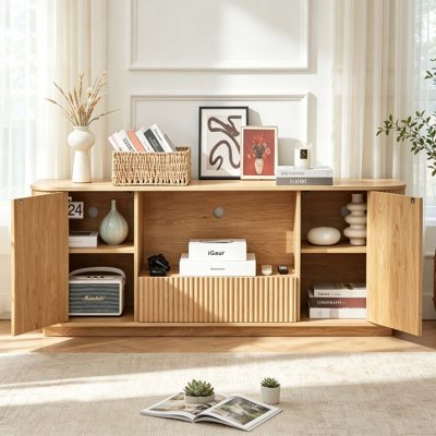 Modern Fluted Media Console, 64-inch Rounded TV Stand with Open Shelf and Closed Cabinets, Low-Profile Sideboard for Living Room