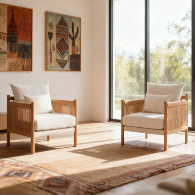 Boho Rattan Accent Chair with Lumbar Pillow