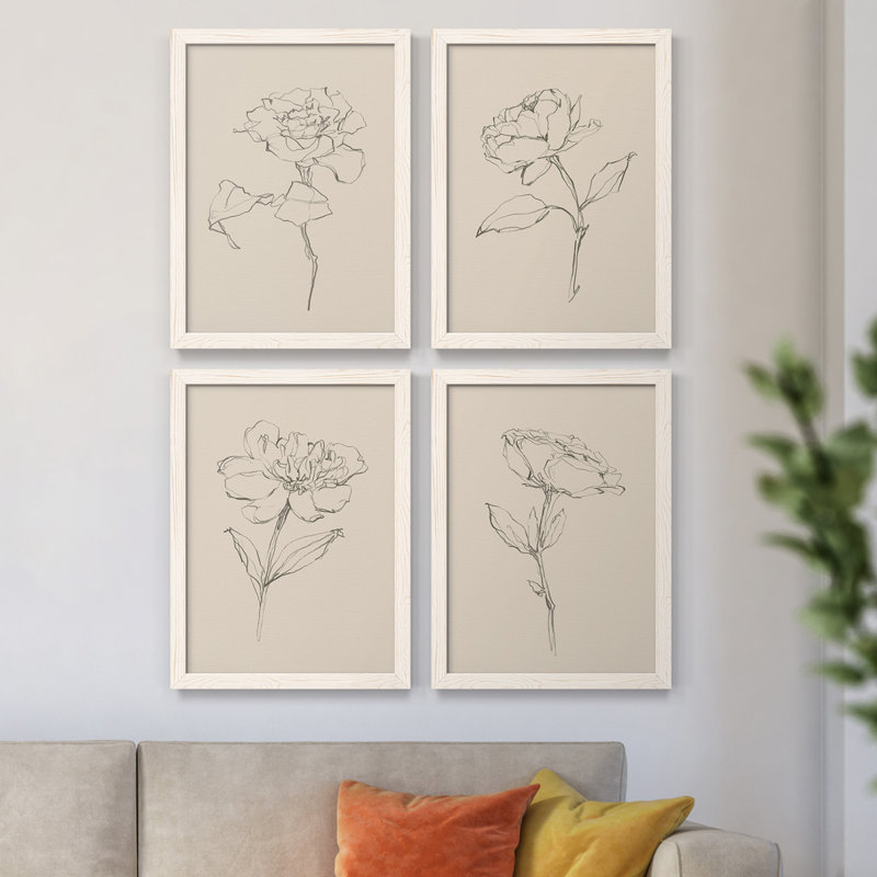 Floral Contour Study I - Ensemble de 4 reproductions d'art sur toile encadrées, Blanc, H 24 po x l 72 po x P 1,5 po