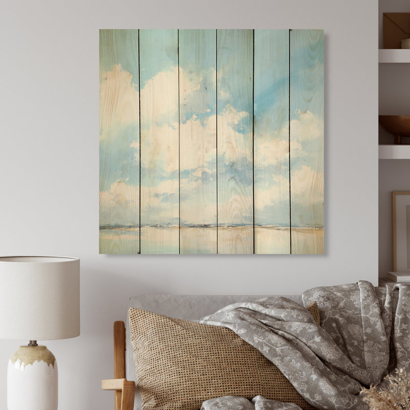 «Minimalist Horizon Cloud Drift - Minimalisme», art mural sur bois de pin naturel, H 15 po x l 15 po