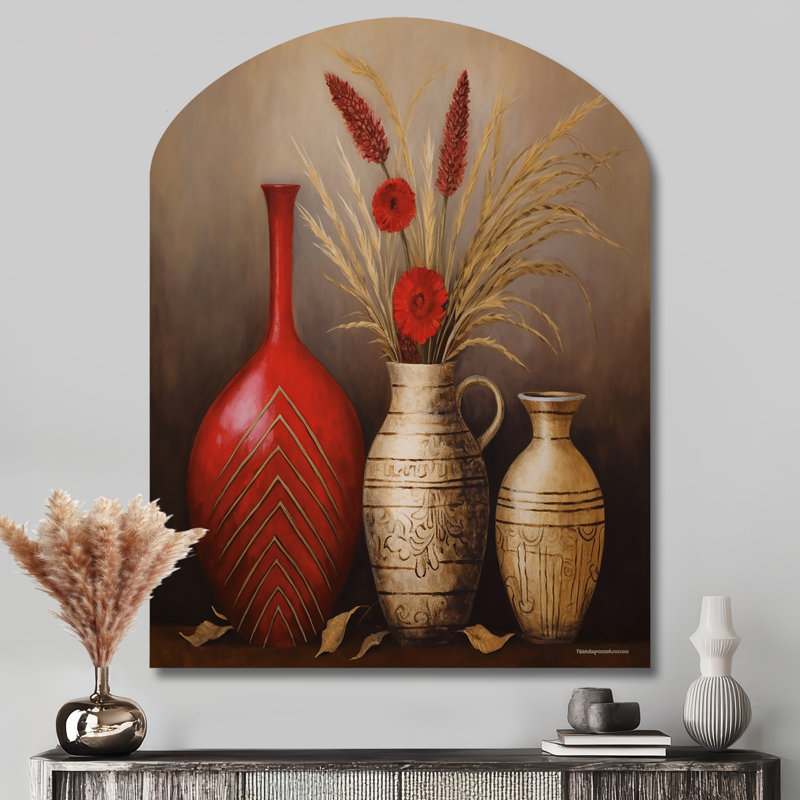 Nature morte, vase rouge avec blé et fleurs rouges - art mural asymétrique Boho Pottery, H 43 po x l 33 po