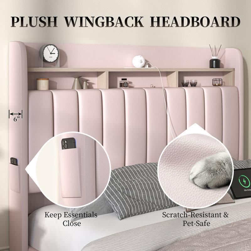 Bed Frame with Storage Drawers Pockets and Galaxy Star Projector Upholstered Wingback Headboard, Full, Pink