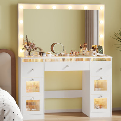 White Vanity Desk with Lighted Mirror, Glass Top & 7 Drawers | 3-Colour LED Lights, Power Outlet – Makeup Table for Bedroom