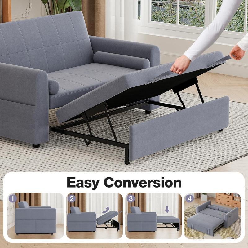 3 Seater Linen Sofa Bed, Grey Linen