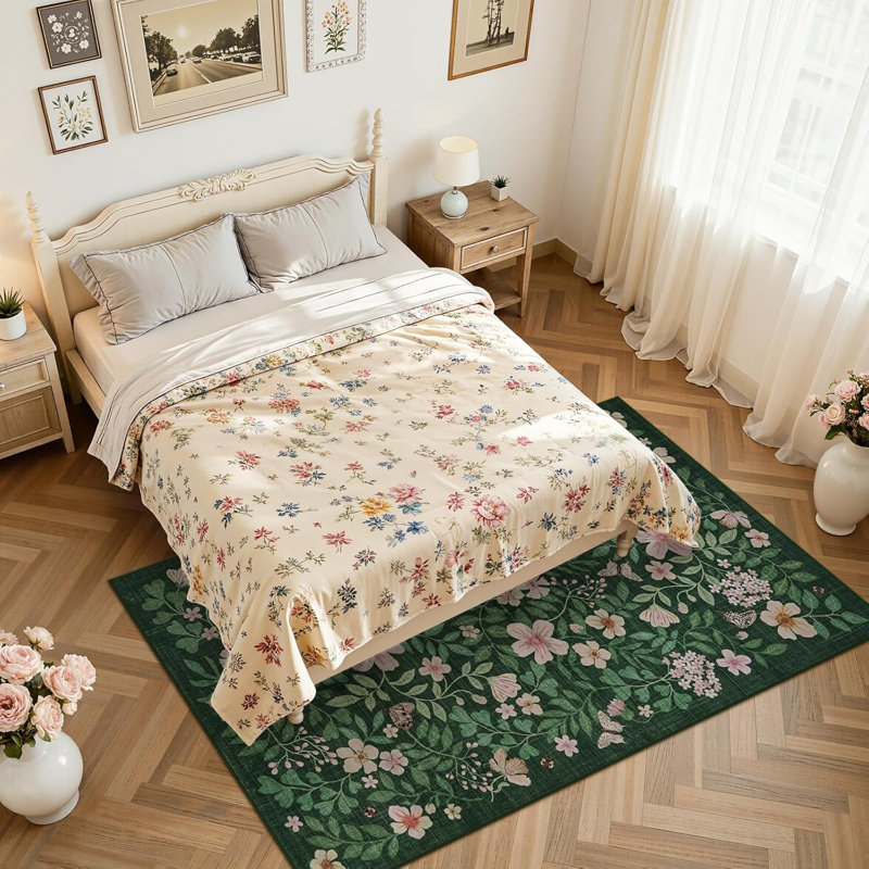  Floral Washable Area Rug Non-Slip Stain Resistant Low-Pile Boho Large Indoor Throw Carpet, Green/Pink, Rectangle 5' x 7'