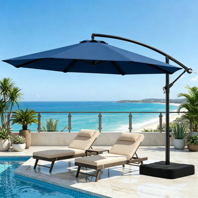 10 Ft Cantilever Offset Patio Umbrella With Base, Upgraded Yarn-Dyed Fabric Outdoor Sun Shade, Sturdy 8 Ribs, 360° Rotation & Easy Tilt Adjustable Large Patio Umbrella For Pool Deck Backyard Garden, Sapphire