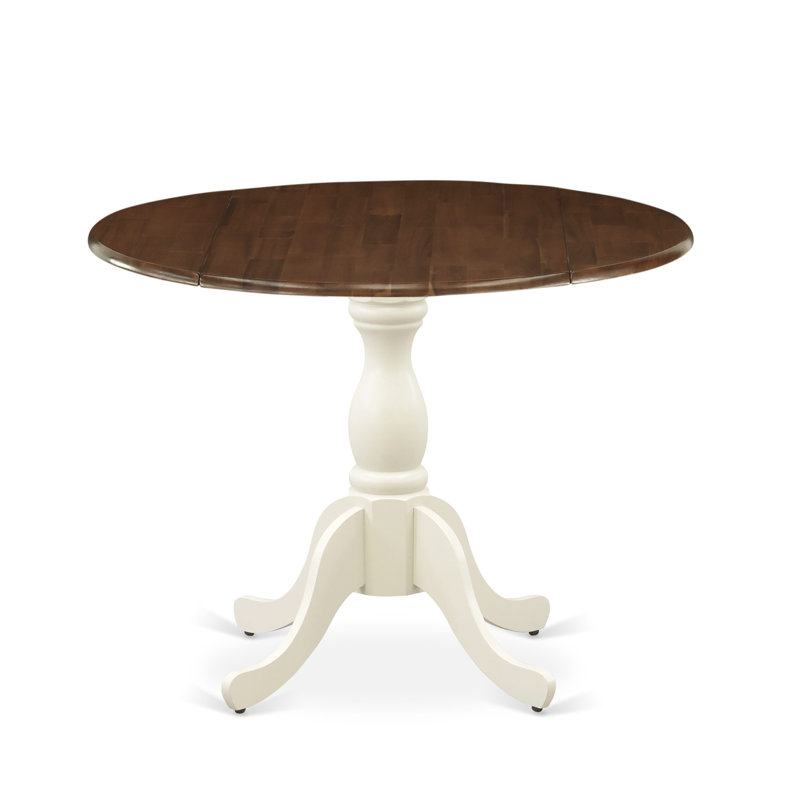 Kitchen Table with Drop Leaf - Walnut Table Top and linen white Pedestal Leg Finish, Walnut, Off White