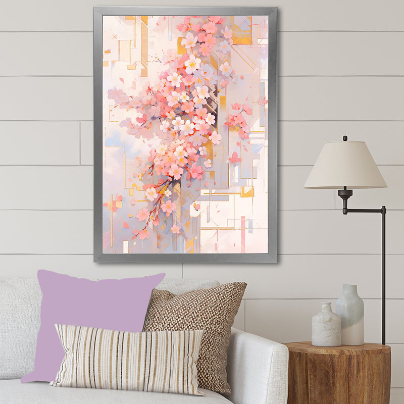 Contemporary Cherry Blossom Bold Stripes - Art mural sur toile Cherry Blossom, Cadre photo argenté