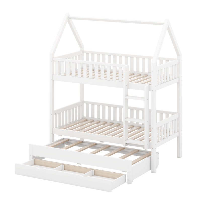Lit superposé simple au dessus d'un lit simple avec lit gigogne et tiroirs de rangement, lit superposé avec toit Playhouse, cadre de lit de maison en bois
