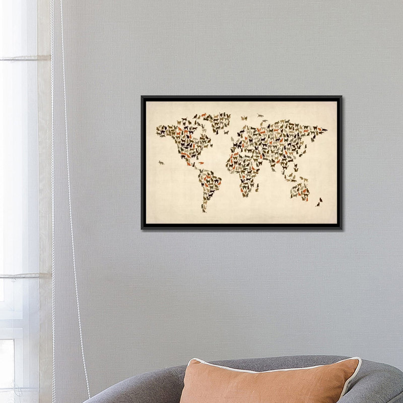 « chats world map ii »-impression sur toile tendue Karlskrona, H 18 po x l 26 po x P 1,5 po, Toile avec cadre noir