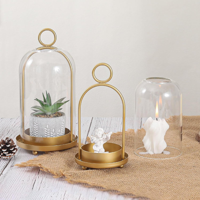 Ensemble de 2 porte-bougies cloche en verre transparent, Brun