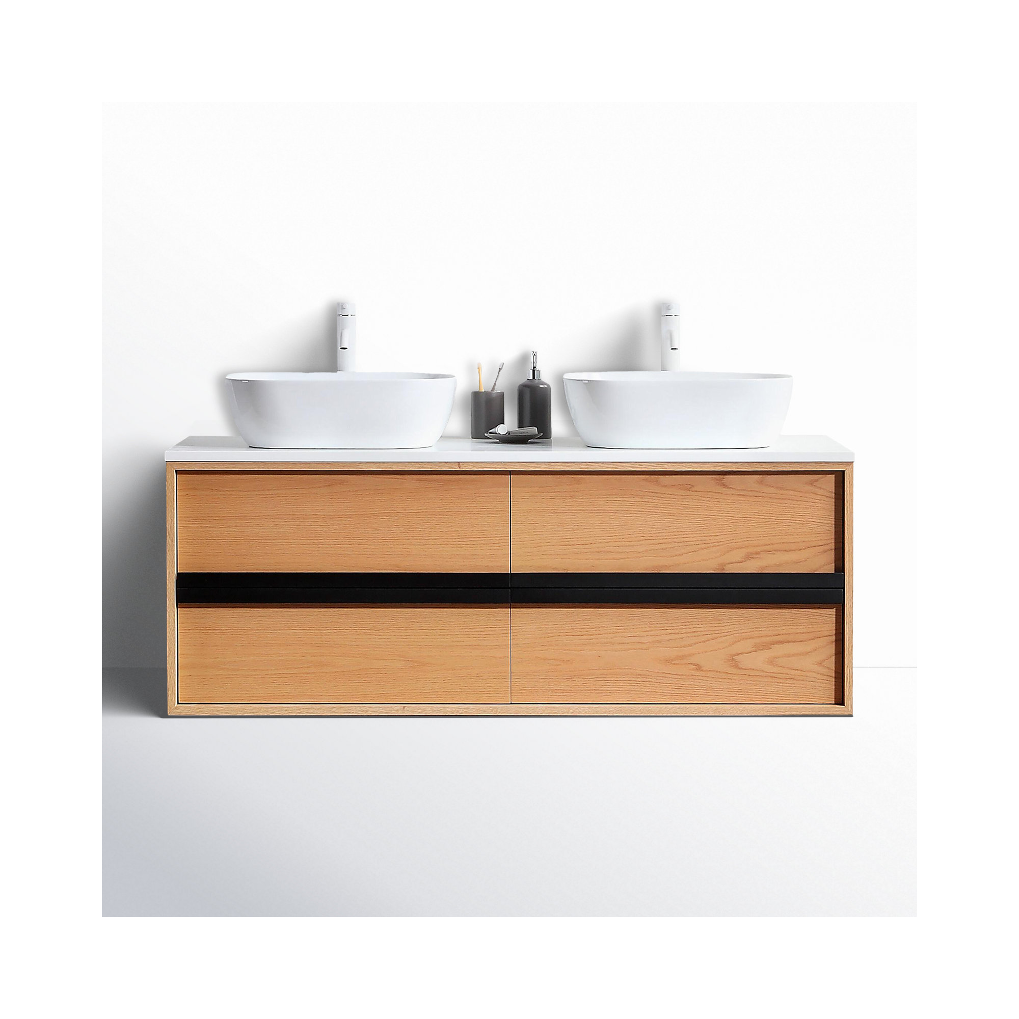 Sintra 55'' Natural Wood Veener Plywood Bathroom Vanity with Engineered Quartz Top, Whitewash