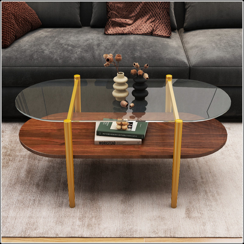 Table basse ovale en verre avec design moderne médiéval, rangement double couche, transparent et brun café, pour le salon