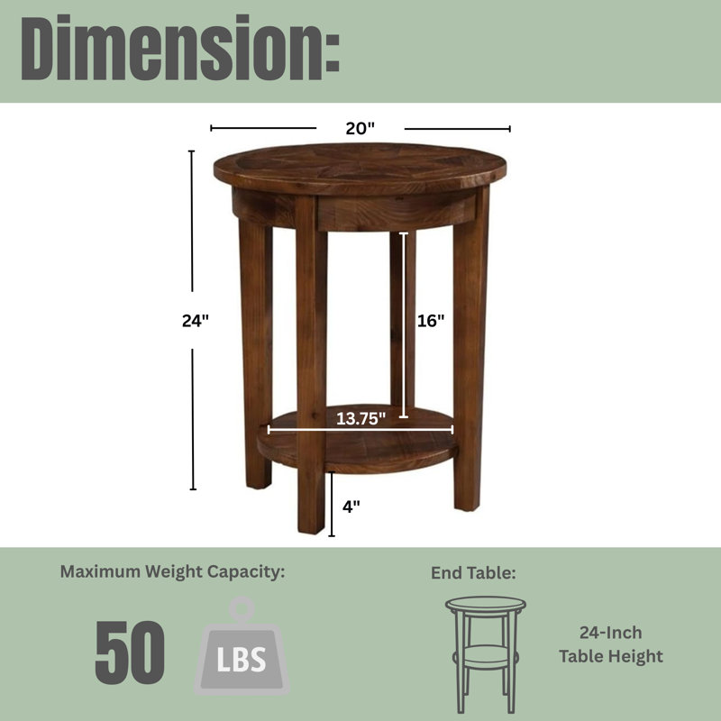 Inola Wide Rustic Industrial Antique Wooden Round End Table With 1 Open Shelf